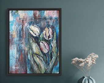 Tulipanes de textura rústica / Pintura acrílica / Arte mural / Impresionista / Floral / Regalo / Arte contemporáneo / Moderno / Minimalista / Colorido