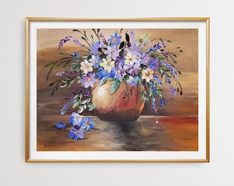 May include: A painting of a bouquet of purple, blue, and white flowers in a brown ceramic vase. The flowers are arranged in a loose, natural style, and the vase is sitting on a wooden table. The background is a soft brown color.
