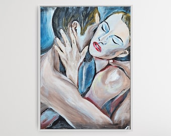 May include: An original oil painting on canvas, framed in white. The artwork depicts a close embrace between two figures, with one figure's hand gently touching the other's neck. The color palette includes blues, reds, and skin tones.