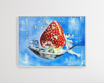 Strawberry Splash in Milk| Acrylic Painting | Wall Art | Reflection| Ripple | Gift | Splash| Contemporary Art | Modern | Minimalist |