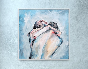 May include: A painting depicting two people embracing, painted in shades of blue, white, and pink against a light blue background.