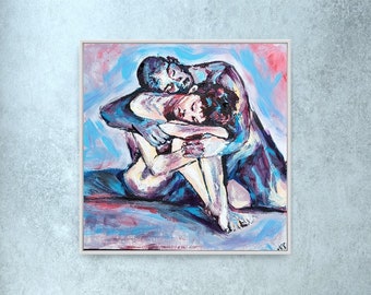 May include: A painting depicting two figures in an embrace. The figures are painted in shades of blue, purple, and pink, against a light blue background with touches of pink. The figures are closely intertwined, with the man's arm around the woman's waist and the woman's head resting on his shoulder.