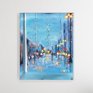 Rainy Day Cityscape | Acrylic Painting | Modern | Contemporary | City Lights | Rain drops |Wall Art