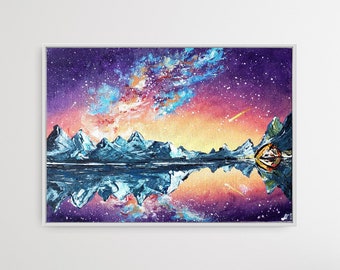 Camping Under the Stars| Bob Ross Inspired| Northern Lights | Mountains | Night | Wall Art | Landscape | Galaxy