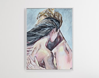 May include: A painting depicting two people in an embrace. The woman has long dark hair and is wearing a white shirt. The man has short blond hair and is wearing a blue shirt. The painting is executed in a realistic style and features a warm colour palette.