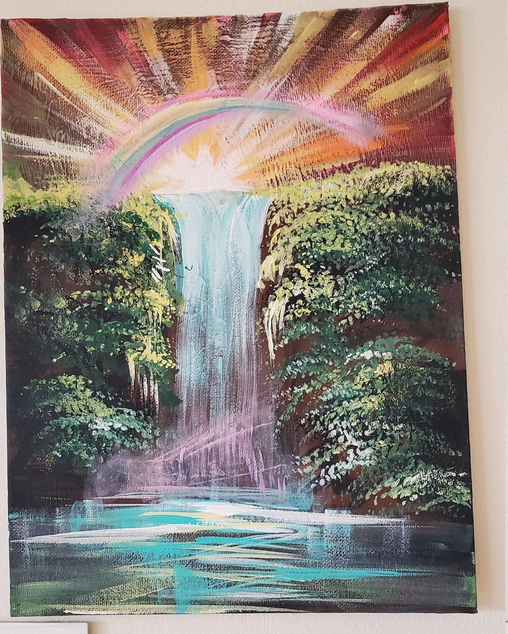 Rainbow Waterfall Acrylic Painting Wall Art Landscape Etsy