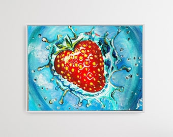 Strawberry Splash in Water| Acrylic Painting | Wall Art | Reflection| Ripple | Gift | Splash| Contemporary Art | Modern | Minimalist |