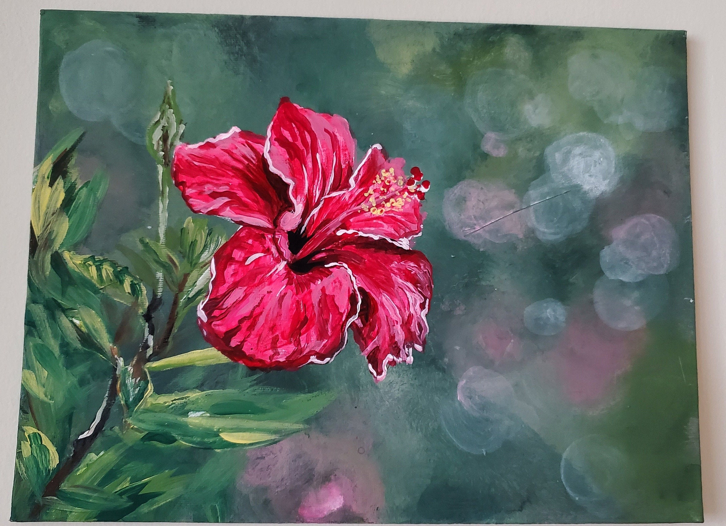 Watercolor Painting Red Hibiscus Flower Solid-Faced Canvas Print