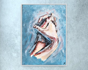 May include: A painting of two hands clasped together, painted in shades of blue, white, and red against a light blue background.