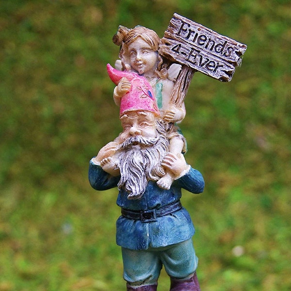 Miniature Garden Fairy Ellie and Digby Gnome with "Friends 4 Ever" sign, height 3.5 inches c/w 2" pick