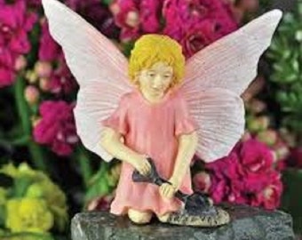 Miniature Garden Flower Fairy "Peony" with Spade / Shovel, Glitter accents on wings, height 2.5 inches