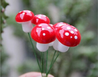 Miniature Garden 6 Mini Red Spotted Toadstools height 0.75 inch  with 2 inch wire pick, Bonsai, Terrarium