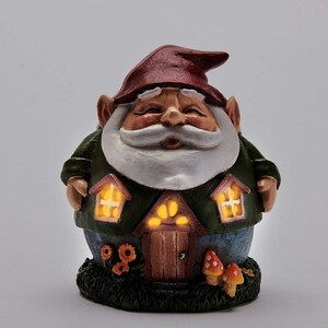 Miniature Garden LED Light-up Gnome House, door does not open, height 5.75 inches, includes batteries