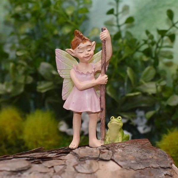 Miniature Garden Swamp Fairy Flossie with frog, height 2.75 inches c/w 2.5 inch pick, Terrarium