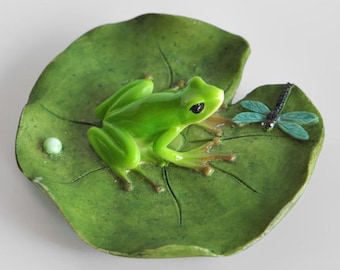 Miniature Garden Frog on lotus leaf with dragonfly, Height 0.75 inches, width 2.75 inches