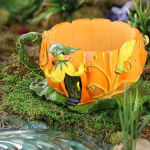 May include: A miniature pumpkin-shaped teacup with a green vine handle and a small door on the side. The teacup is sitting on a bed of green moss.