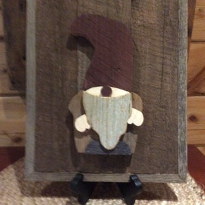 Handmade Barn Wood Gnome Picture - Red Hat - 11x9