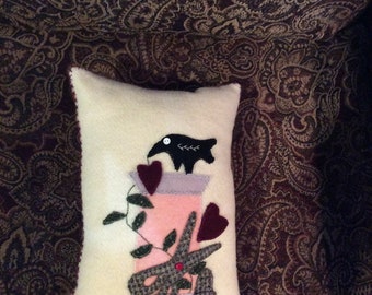 Wool Appliqué Pillow, Sewing Theme, Crow and Heart