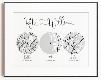 Digital download: Met, engaged, married / Map print / Anniversary print / Personalised wedding / Birthday gift for wife / Husband gift