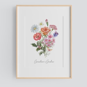 Grandma's Garden Personalised Watercolour Birth Flower Print, Wall Art, Birthday Gift, Minimalist Home Decor, Personalised gift