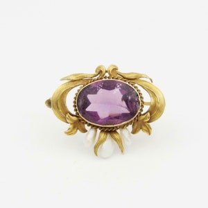 Antique ART NOUVEAU 14K Yellow Gold Amethyst and Natural Pearl Pin / Brooch