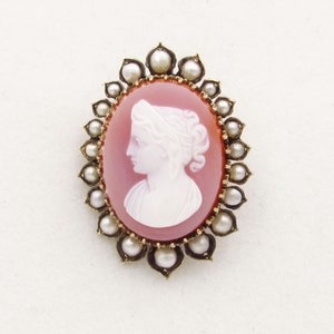 Antique Victorian 14K Hardstone Cameo w/ Pearl Brooch / Pin