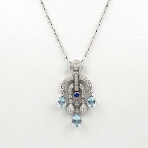 18k White Gold Diamond, Sapphire and Blue Topaz Deco Style Pendant Necklace