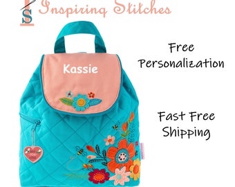 Quilted Backpack TURQUOISE FLORAL - Stephen Joseph (Free Personalization)