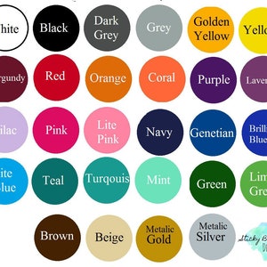 May include: A color chart featuring a variety of hues, including white, black, red, and blue. Each color is displayed within a circular shape with the color name printed in white text. The bottom right corner has the text "Sticky Bottom Designs".