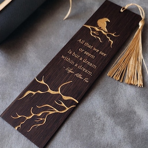 Poe Bookmark, Extra Thin Wooden Bookmark, Exclusive Vegan Bookmark, Luxury Gift for Book Lover, Edgar Allan Poe Crow Bookmark