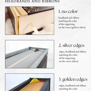 Angled view of the Coraline special edition wooden book showing the spine and front cover detail with embossed title and rich wood grain texture. The photos show the possibilities of finishing the book edges: without painting and colored gold or silver