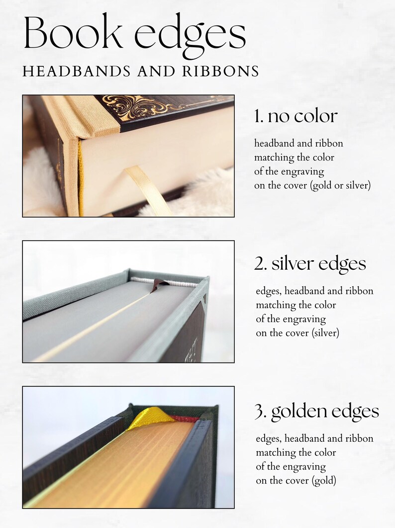 Angled view of the Coraline special edition wooden book showing the spine and front cover detail with embossed title and rich wood grain texture. The photos show the possibilities of finishing the book edges: without painting and colored gold or silver