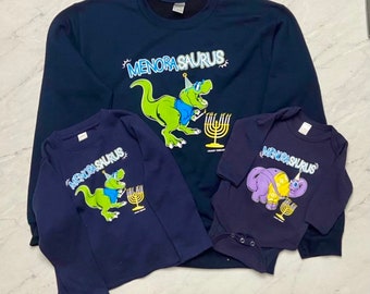 Hanukkah Chanukah Matching Family Tee  shirt Sweatshirt Pullover /Menorah Dinosaur Dreidel Decor/ Hannukah Party t-Shirt