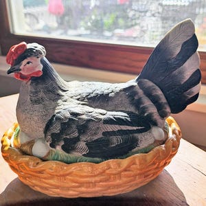 Vintage Staffordshire Hen on Nest Tureen | Hand Painted Ceramic Chicken Covered Dish | Farmhouse Cottage Kitchen Decor