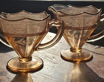 Vintage Pink Depression Glass Creamer & Sugar Bowl Set | Gold Trim Scalloped Rim | Etched Floral Glass | Art Deco Cottagecore Serving Set