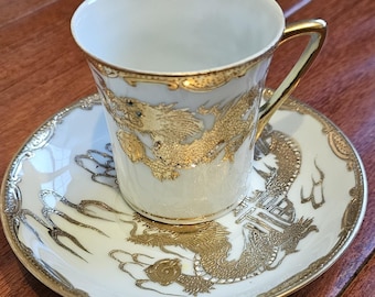 Vintage Japanese Dragonware Tea Set – Moriage Gold Dragon Teacups & Saucers – Hand Painted Porcelain – Raised Gold Dragon, Blue Jeweled Eyes