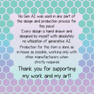 May include: A digital art piece with a hexagonal pattern in shades of blue, purple, and teal. The text reads: "No Gen AI was used in any part of the design and production process for this piece!" and "Thank you for supporting my work and my art!"