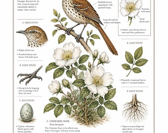 Georgia State Wall Art | Brown Thrasher and Cherokee Rose | Vintage Botanical Print | Natural History Poster | Digital Download