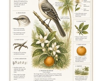 Florida State Wall Art | Northern Mockingbird & Orange Blossom | Vintage Botanical Print | Natural History Poster | Digital Download