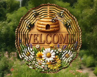 Welcome Bee Wind Spinner | Beehive Garden Decor | Bumble Bee Metal Wind Spinner | Rustic Farmhouse Outdoor Decor