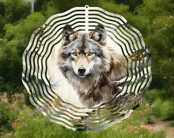 Wolf Wind Spinner | Watercolor Wolf Garden Decor | Double-Sided Metal Hanging Spinner | Rustic Outdoor Gift for Wolf Lovers