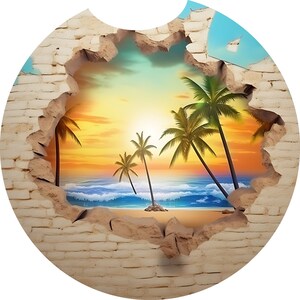 May include: A brick wall with a hole revealing a tropical beach scene with palm trees, blue water, and a sunset sky.