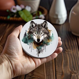 Wolf Coasters: Watercolor Forest Design - Ceramic Car Coaster or Home Coffee Coaster Size