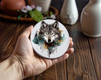 Wolf Coasters: Watercolor Forest Design - Ceramic Car Coaster or Home Coffee Coaster Size