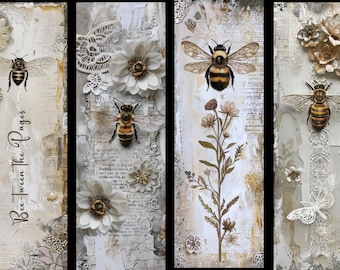 Set of 8 Vintage Bee Bookmarks | Cottagecore Floral Junk Journal (Sublimation Transfer)