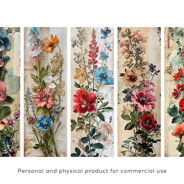 Junk Journal Ephemera Printable Bookmarks| 15 Vintage Floral Bookmarks PNG bookmark sublimation| Sublimation Transfer Ready to Press