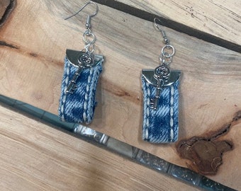 Upcycled Denim Earrings: Brass Key Charm, One-of-a-Kind