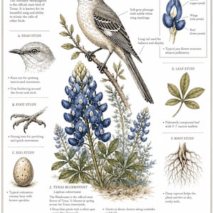Pode incluir: Uma impressão de estudo de história natural intitulada The Texas State Flower & Bird apresentando um tordo-zombador empoleirado num ramo acima de um tremoço do Texas. O cartaz inclui esboços anatómicos detalhados da ave, flor, folha, raiz e ovo.