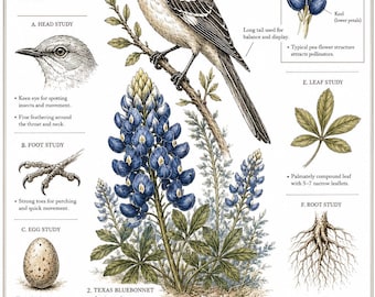 Texas State Wall Art | Bluebonnet & Northern Mockingbird Vintage Botanical Print | Natural History Poster | Digital Download