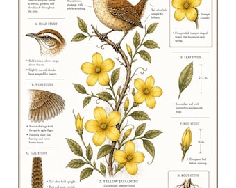 South Carolina State Wall Art | Carolina Wren & Yellow Jessamine | Vintage Botanical Print | Natural History Poster | Digital Download